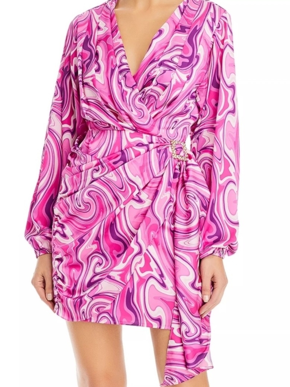 Wayf Pink Swirl Long Sleeve Wrap Mini Dress